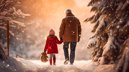 a man and a little girl walking in the snowの素材