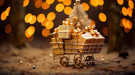 a cart with presents on it in the snowの素材