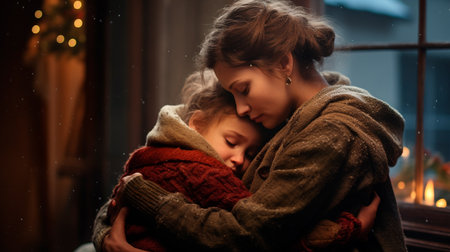 a couple of people hugging in the snowの素材