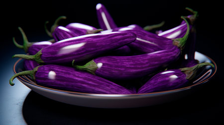 a bowl of purple eggplant sitting on a tableの素材