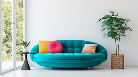a bright blue couch with orange pillows and a plantの素材