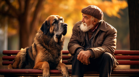 a man and his dog sitting on a benchの素材