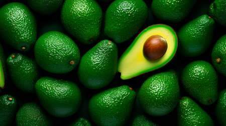 a group of avocados with one cut in halfの素材