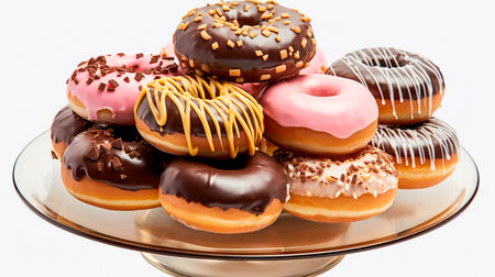 a plate of assorted donuts on a white surfaceの素材