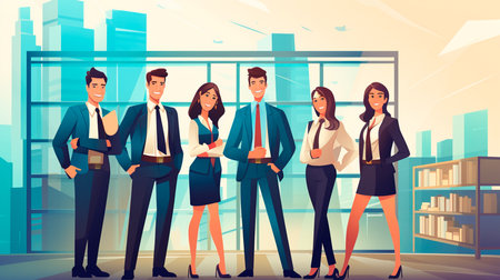 a group of business people standing in front of a windowの素材