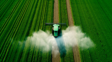 a tractor spraying water on a fieldの素材