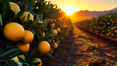 a field of oranges with mountains in the backgroundの素材