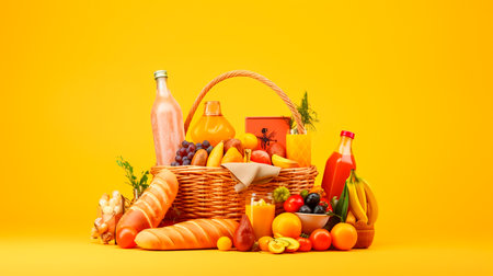 a basket of food with a yellow backgroundの素材