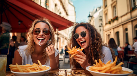 two women eating French fries at a restaurantの素材