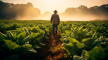 a man standing in a field of tobaccoの素材