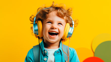 a little girl with headphones on smilingの素材