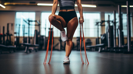 a woman in a gym with a jump ropeの素材