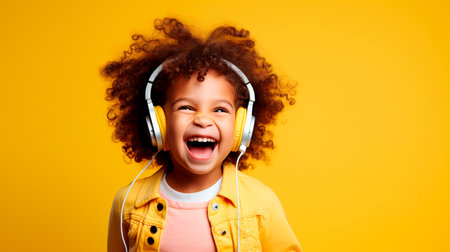 a little girl with headphones on smilingの素材