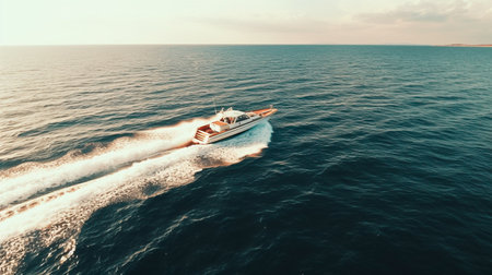 a boat speeding through the water with a wakeの素材