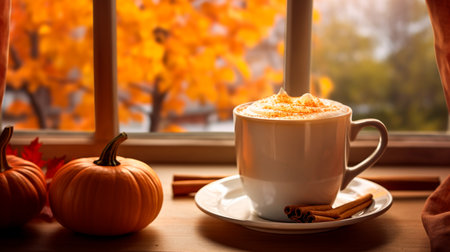 a cup of coffee on a saucer on a windowsillの素材