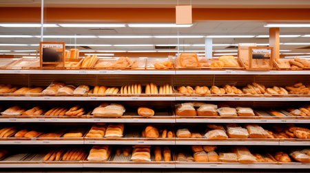 a bakery with bread and rolls on shelvesの素材