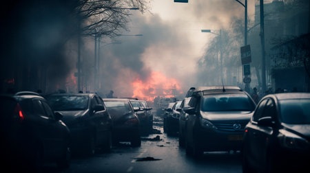 a busy city street with cars and peopleの素材
