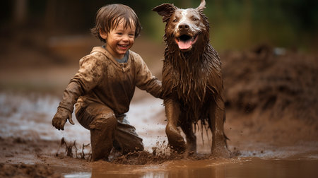 a boy and his dog playing in the mudの素材