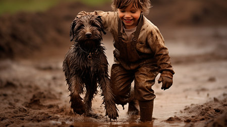 a boy and his dog playing in the mudの素材