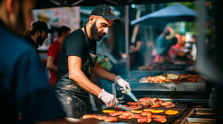 a man cooking food on a grill with flamesの素材