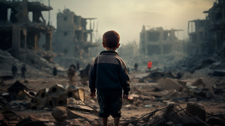 a young boy standing in a destroyed cityの素材