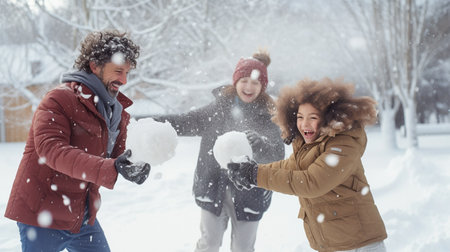 a family playing with a soccer ball in the snowの素材