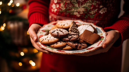 a person holding a plate of cookies with Christmas decorationsの素材