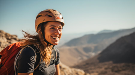 a woman wearing a helmet and a backpackの素材