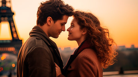 a couple kissing in front of the eiffel towerの素材