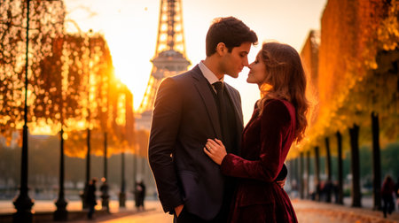 a couple kissing in front of the eiffel towerの素材