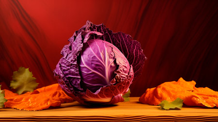 a purple cabbage and tomatoes on a wooden tableの素材