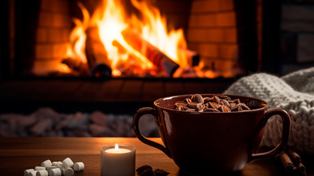 a cup of coffee and a blanket on a tableの素材