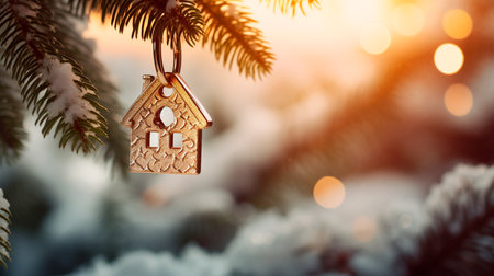 a small house ornament hanging from a treeの素材