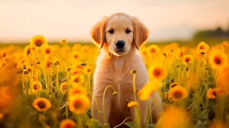 a dog sitting in a field of flowersの素材