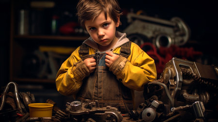 a little girl in a hard hat working on a machineの素材