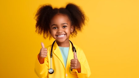 a little girl in a yellow coat giving a thumbs upの素材