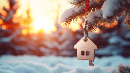 a small house ornament hanging from a treeの素材