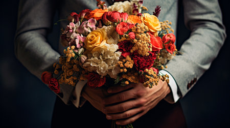 a man in a suit holding a bouquet of flowersの素材