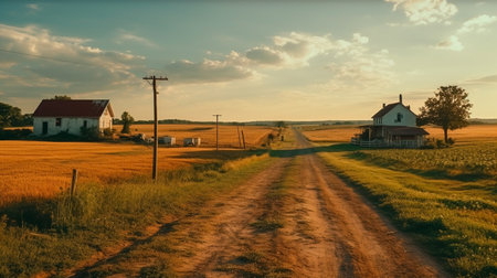 a dirt road leading to a house in a fieldの素材