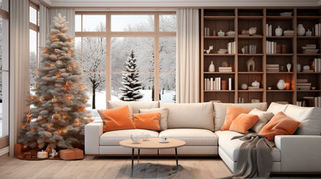 a living room with a Christmas tree and a couchの素材