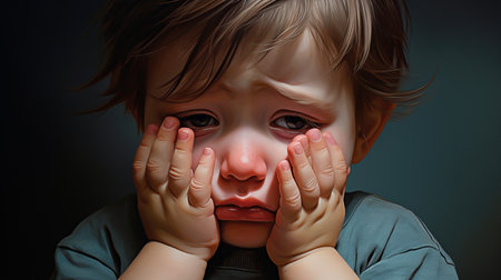 a young child covering his face with handsの素材