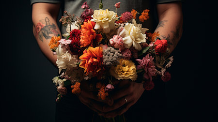 a man in a suit holding a bouquet of flowersの素材