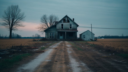 a dirt road leading to a house in a fieldの素材