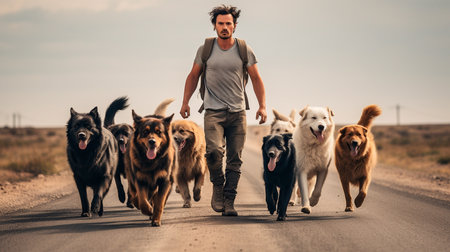a man walking a group of dogs on a dirt roadの素材