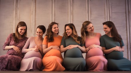 a group of pregnant women sitting in a rowの素材