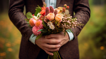 a man in a suit holding a bouquet of flowersの素材