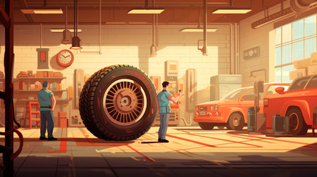 car service worker with tire and wrenchの素材