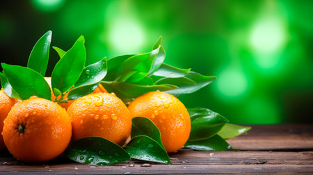 Ripe mandarins on a wooden surface.の素材
