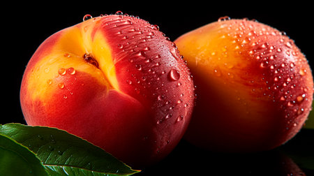fresh peaches and peach on black table.の素材