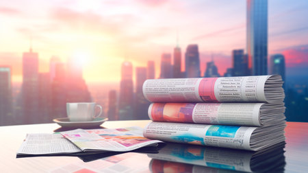stack of newspapers on wooden tableの素材